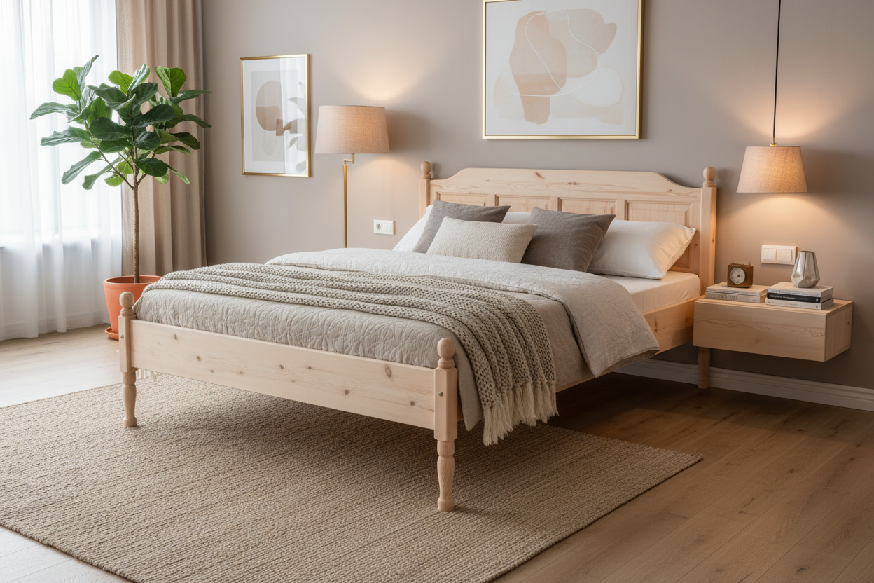 Дървено легло от бор в луксозна спалня