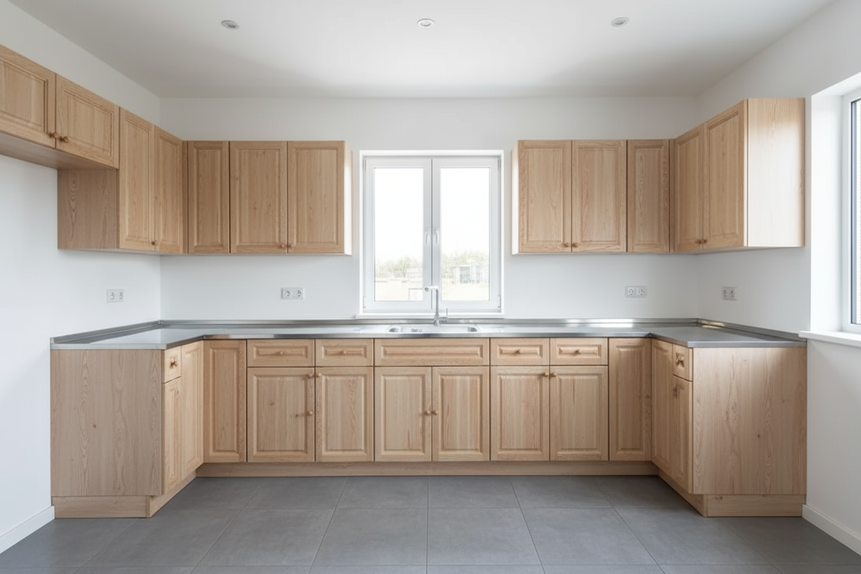 Дървена мивка с ляво корито и десен плот 80x50 см в непрекъснат ред кухненски шкафове