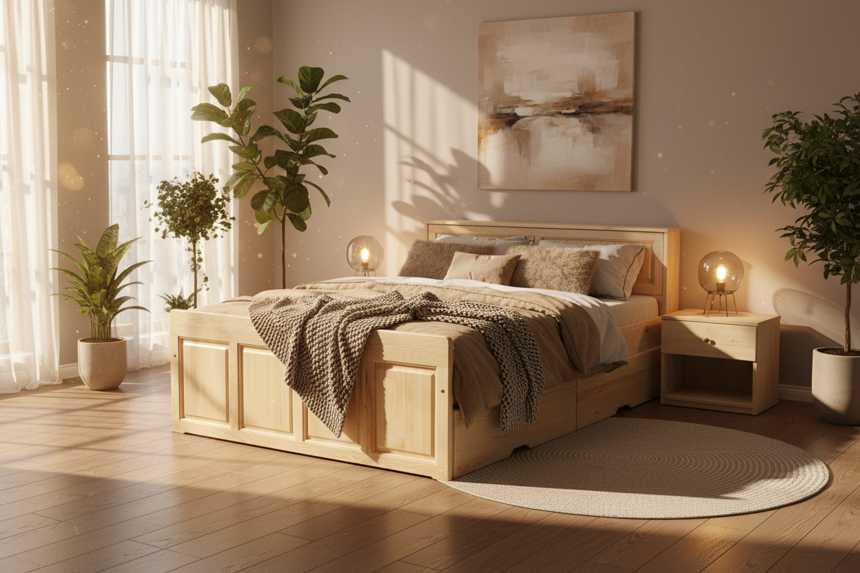 Дървено легло Титан в топла уютна спалня