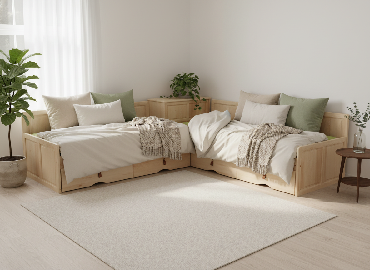 Ъглово дървено легло в луксозна спалня