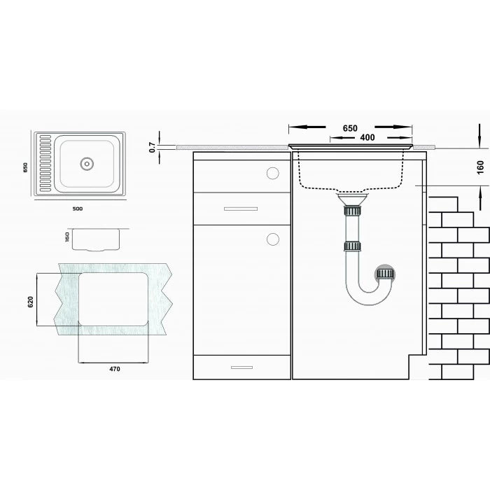 Кухненска мивка алпака 650x500 мм с ляв плот