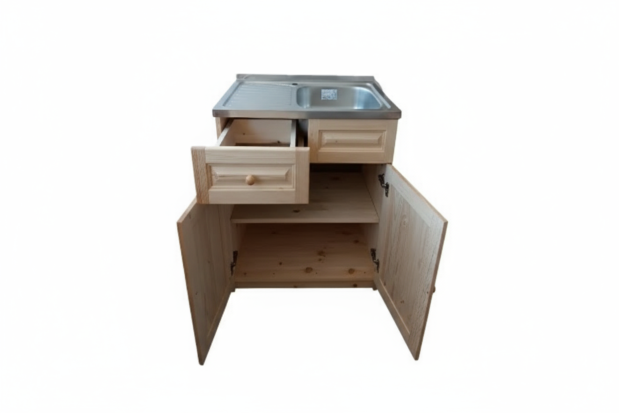 Дървена мивка с дясно корито и ляв плот 80x50 см с вътрешно пространство