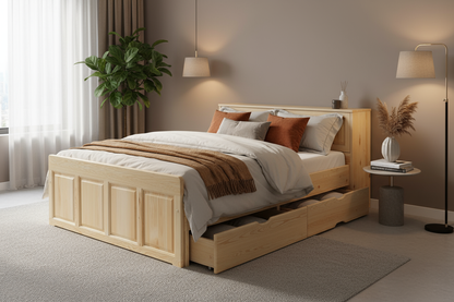 Дървено легло с чекмеджета в луксозна спалня